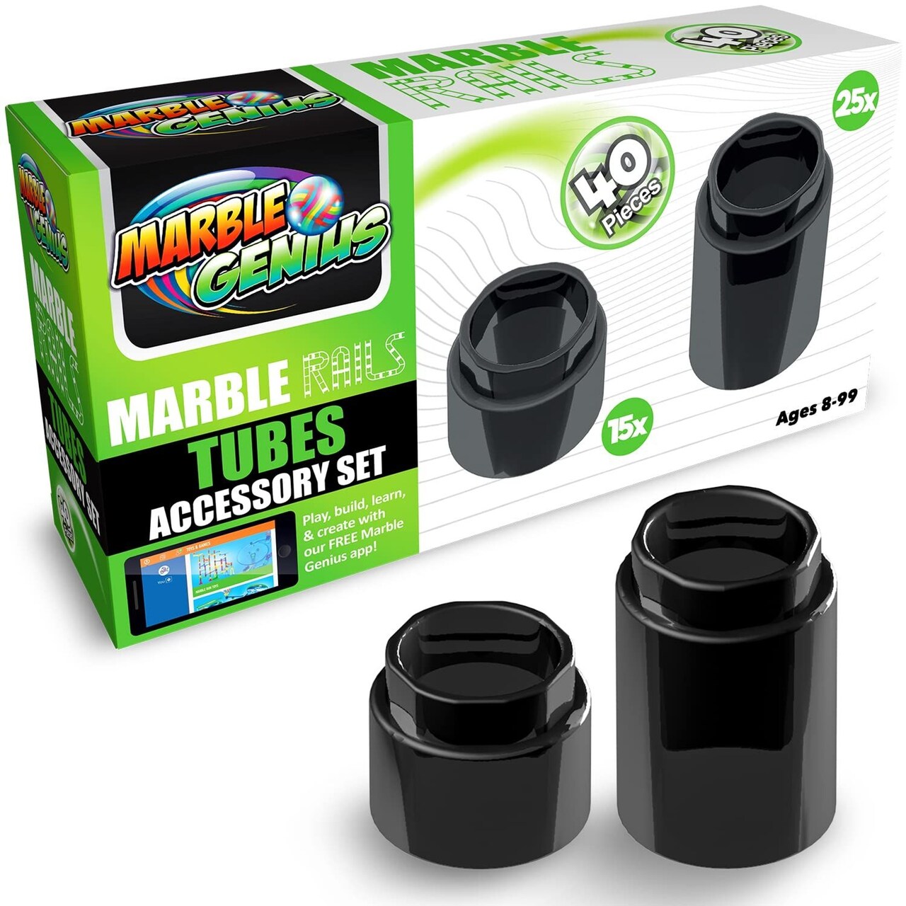 Marble Genius Add-on Accessory Marble Rails Tubes Set, 40 Piece Marble Run for Kids 8+ (25 Tubes & 15 Half Tubes), STEM, Great Holiday Gifts for Kids & Teens